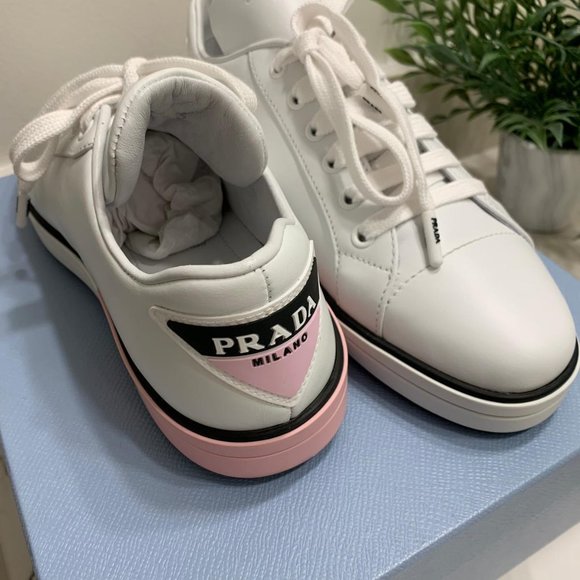 Prada Shoes - PRADA White and pink sole leather sneakers